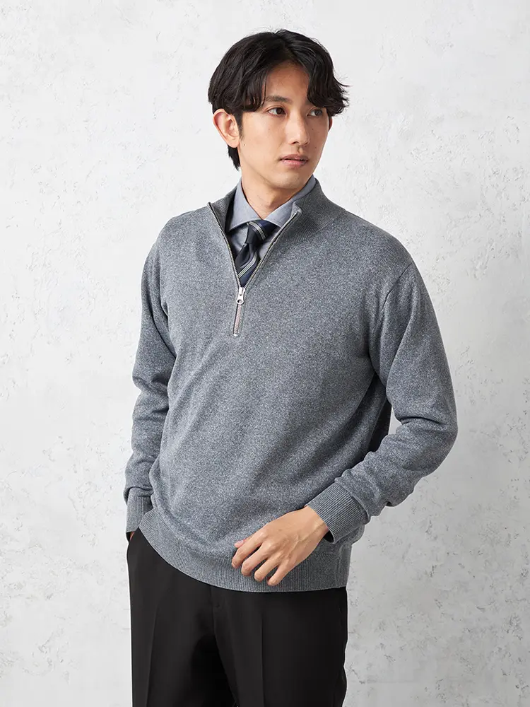 M．グレー 【TOKYO RUN】 12G天竺 ハーフジップニット カジュアル