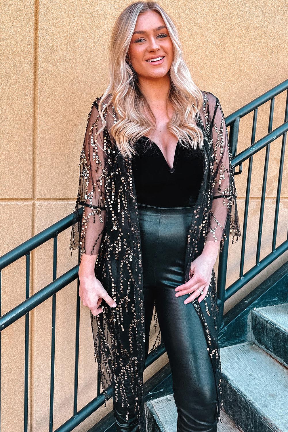 Hazel Blues® | Sequin Open Front Sheer Cardigan