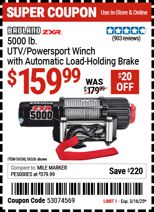 BADLAND ZXR 5000 lb. UTV/Powersport Winch with Automatic Load