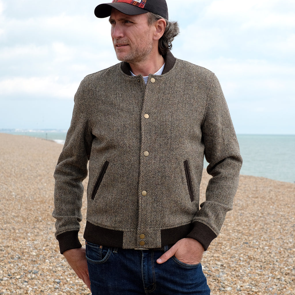Men's Harris Tweed Bomber Jacket in Brown - Handmade in London