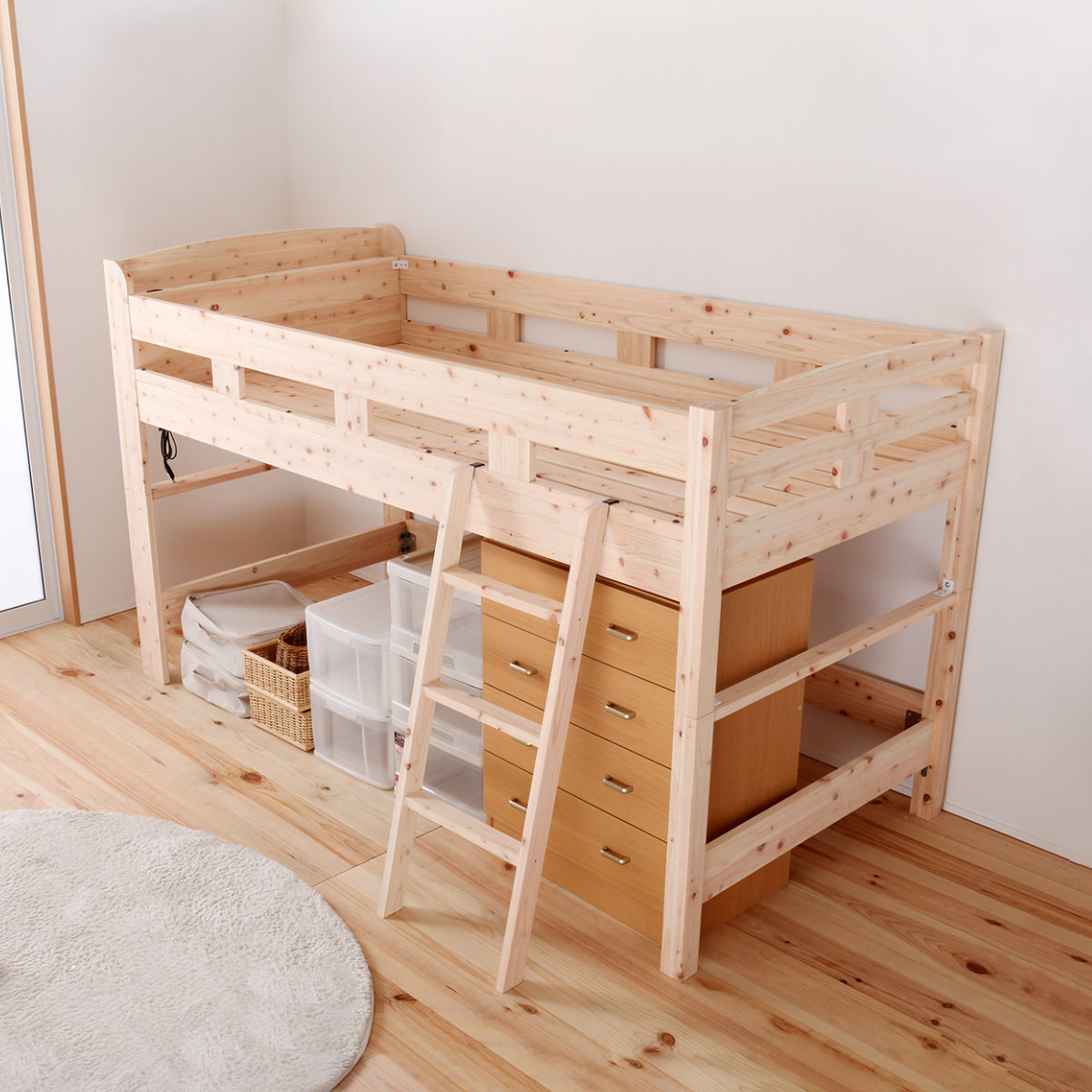 ロフトベッド シングル 国産ひのき 棚コンセント付 天然木 日本製