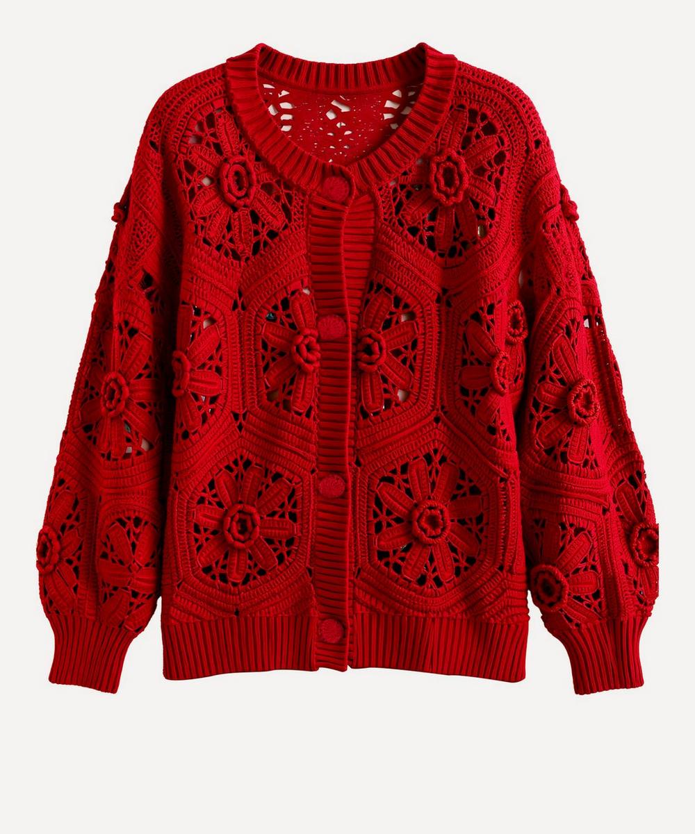 FARM Rio Red Crochet Flower Knit Cardigan | Liberty