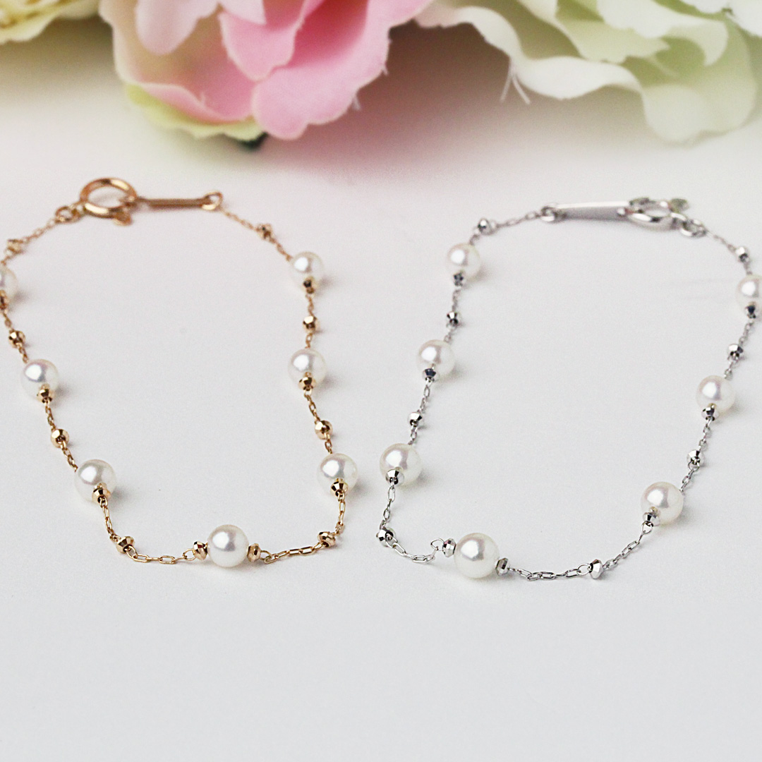 ベビーパールのステーション・ブレスレット K18WG/YG 国内産アコヤ真珠