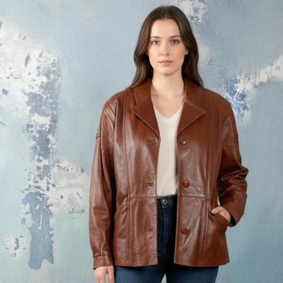80s Vintage Brown Leather Jacket, Women's Size 12 US, 16 UK - Etsy