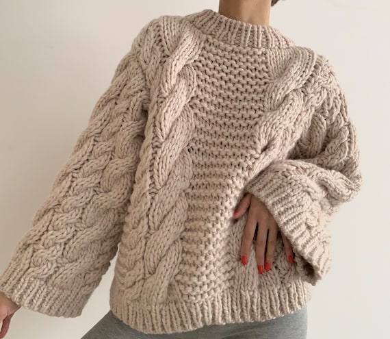Women's Powder Color Pullover Hand Knit Women's Wool Oversized