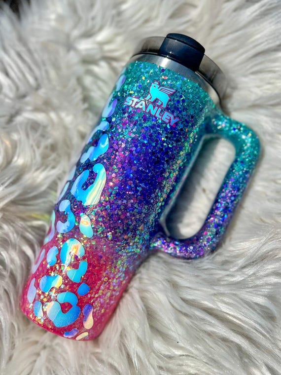 Purple Teal Pink Leopard Opal Glitter 40 Oz Glitter Tumbler With
