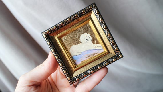 巨大なプードルの子犬の油絵、オリジナルの金箔入り犬の肖像画（2 x 2