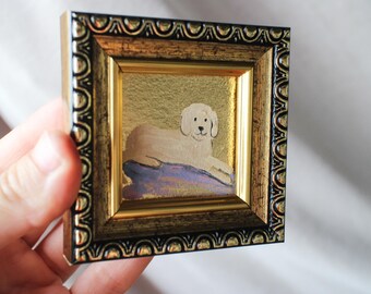 巨大なプードルの子犬の油絵、オリジナルの金箔入り犬の肖像画（2 x 2