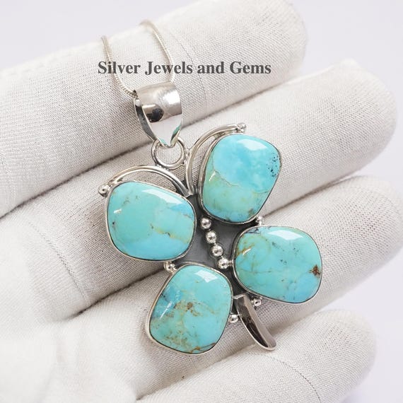 天然ターコイズバタフライペンダント、記念日ペンダント、925