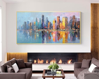 大きな夜の街の抽象画、都会の風景画、特大の街のモダンな壁アート装飾