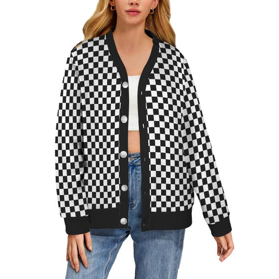 Checkered Cardigan Women, Black White Check Checkerboard