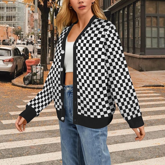 Checkered Cardigan Women, Black White Check Checkerboard
