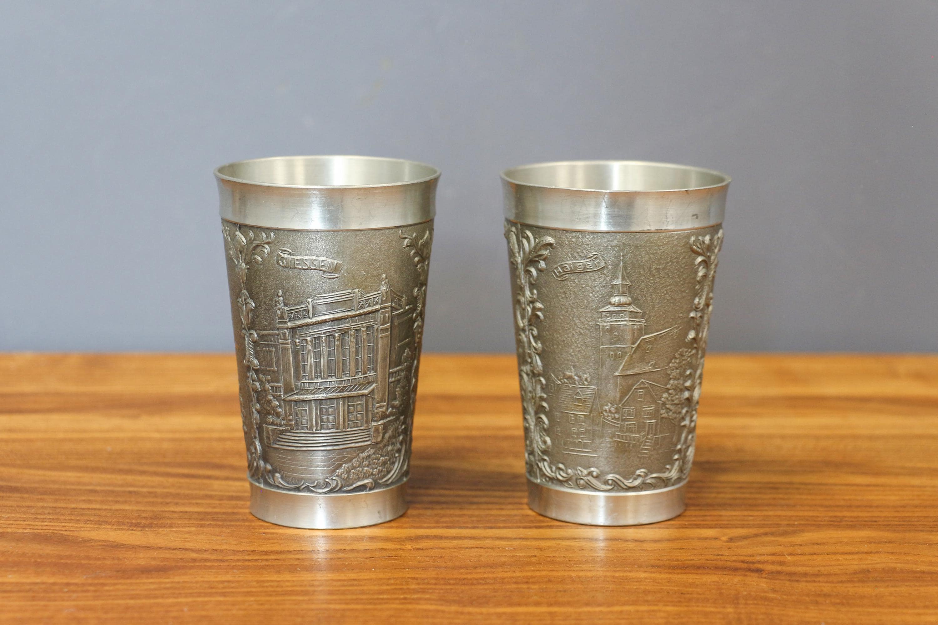 Antique Embossed Pewter Cups, Collectible German Wine Goblets