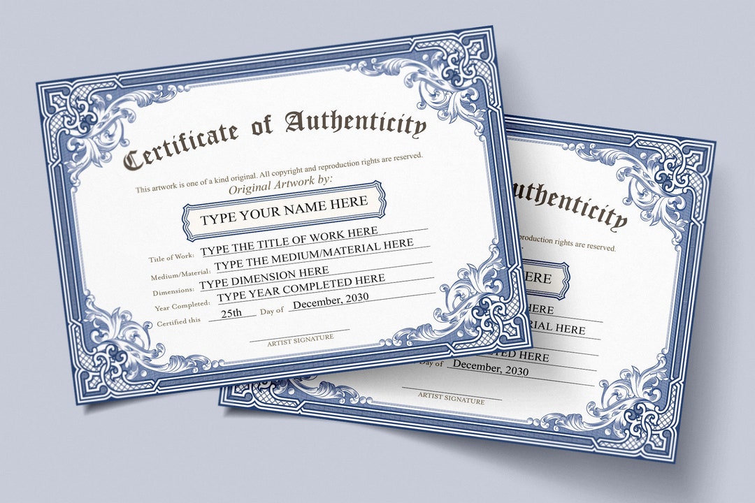EDITABLE Certificate of Authenticity for Original Work, Blue
