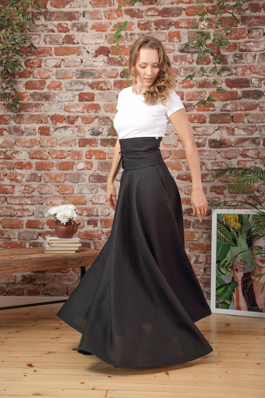 エンパイアウエストラインスカート、ハイウエストリネンビクトリアン