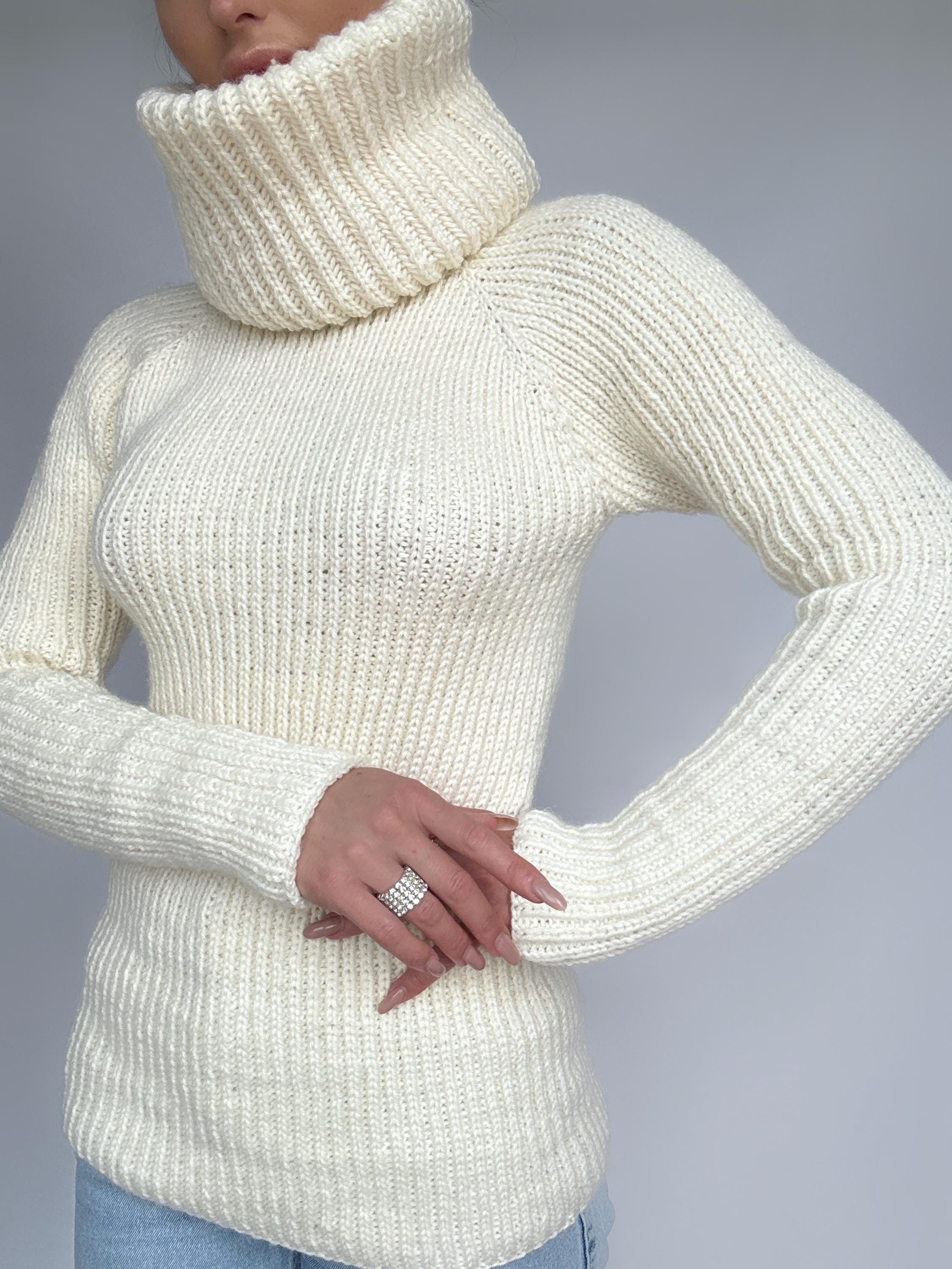 Hand Knit Merino Wool Milk White Big Collar Long Sweater Cable