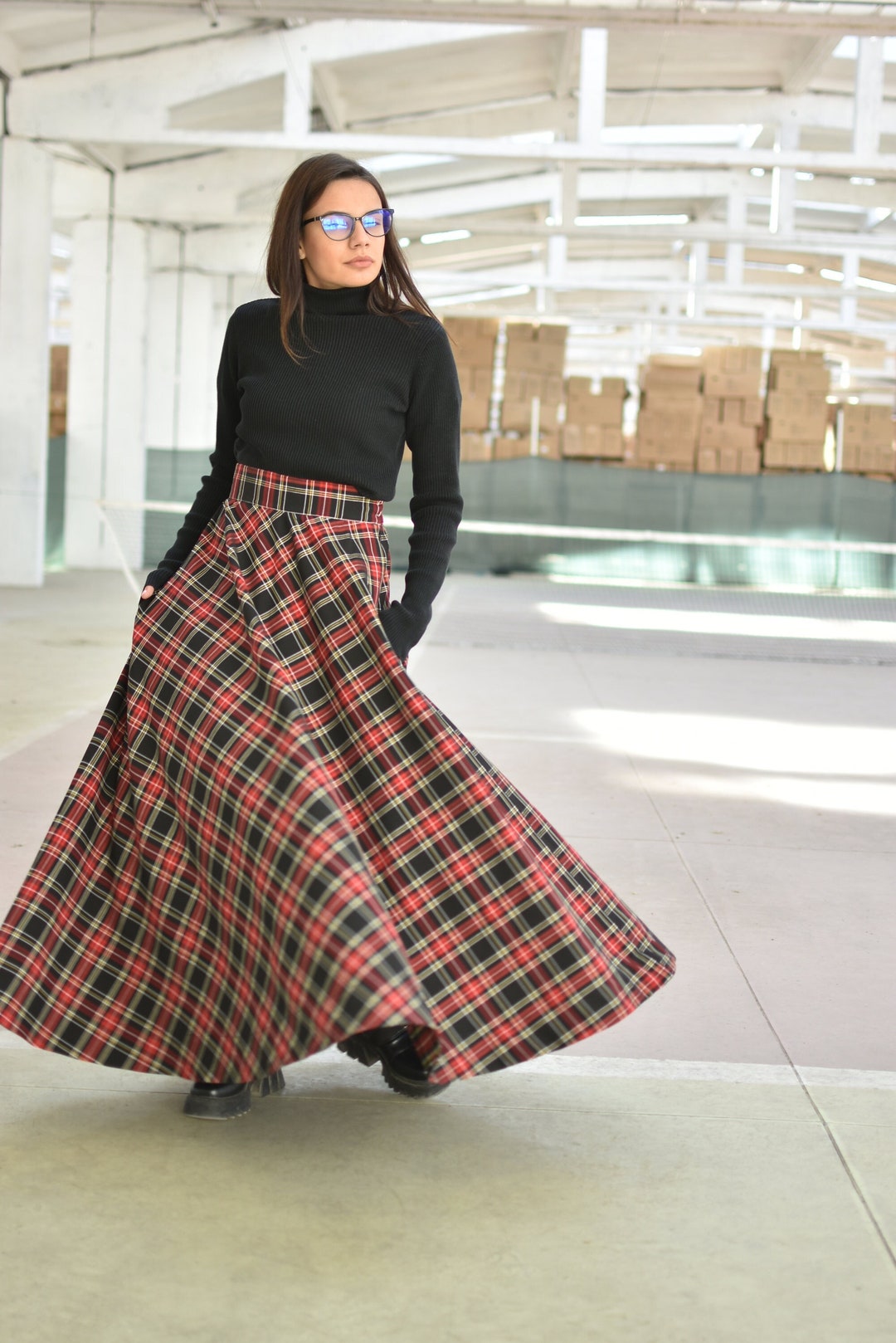 Wool Plaid Skirt, Tartan Maxi Skirt, Victorian Walking Skirt