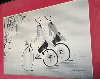 ベトナムの水墨画と水彩画：自転車に乗る女性たち、額装されたミニマ