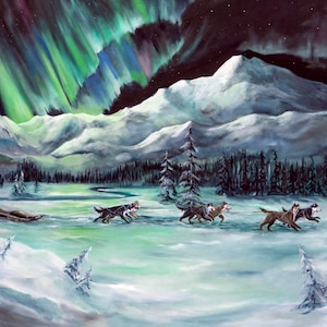 オーロラ、オーロラ、アラスカ先住民の芸術、森の絵画、雪の絵画