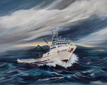 北西部の船、最も危険な漁獲物の版画、漁船の版画、水彩画、カニ漁船の