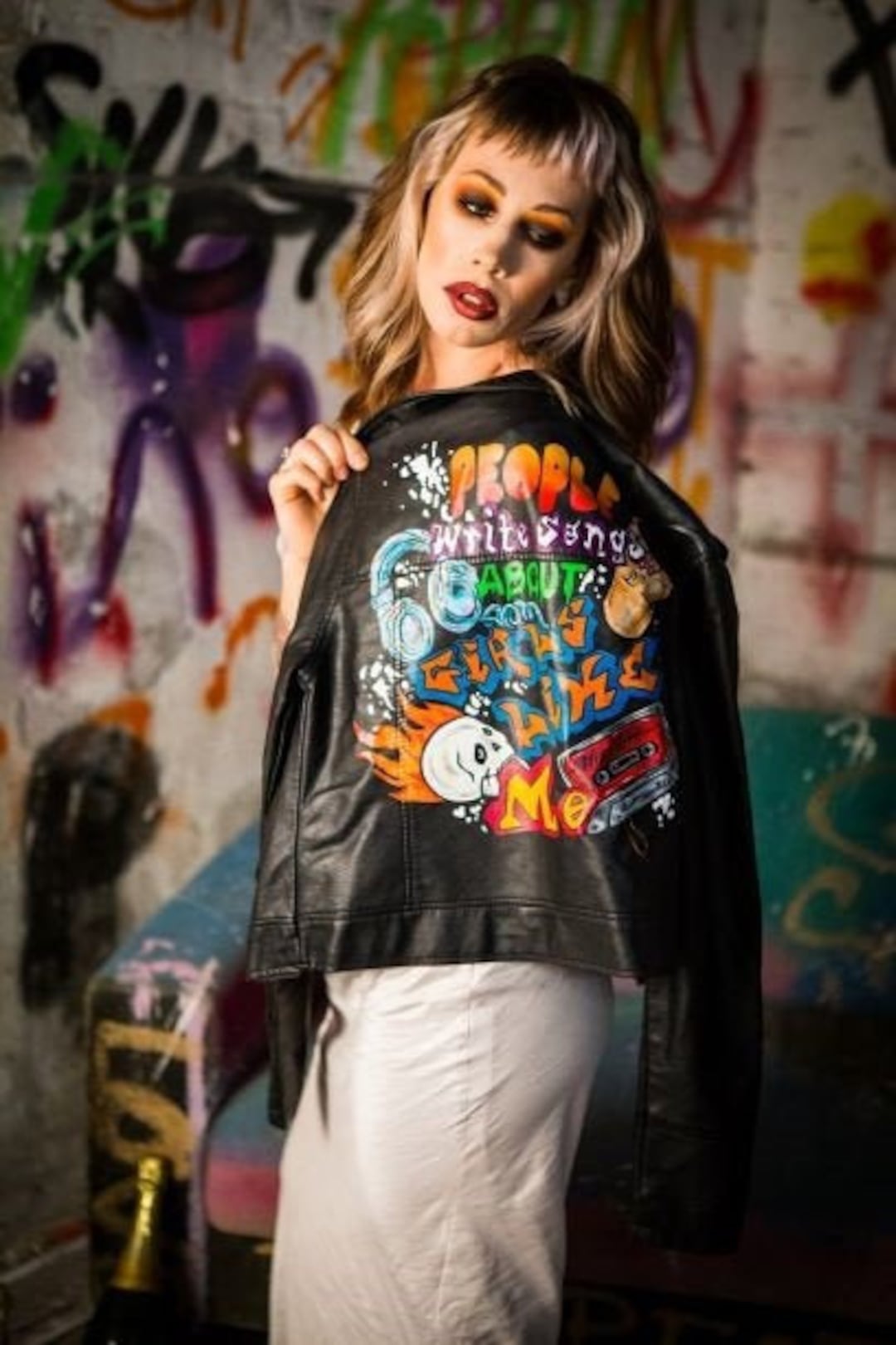 Handpainted Faux Leather Jacket- Graffiti Style, Grunge