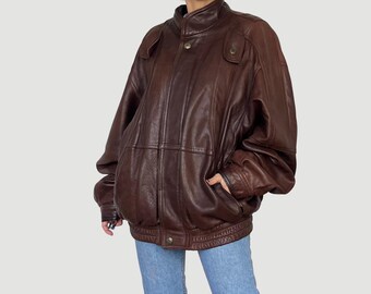 Vintage 80s Brown Leather Bomber Jacket: Oversized Sheepskin Moto