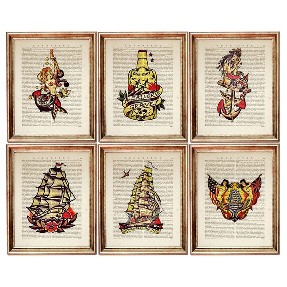 Sailor Jerry Print, Set of 6 Prints, Sailor Jerry Dictionary Art