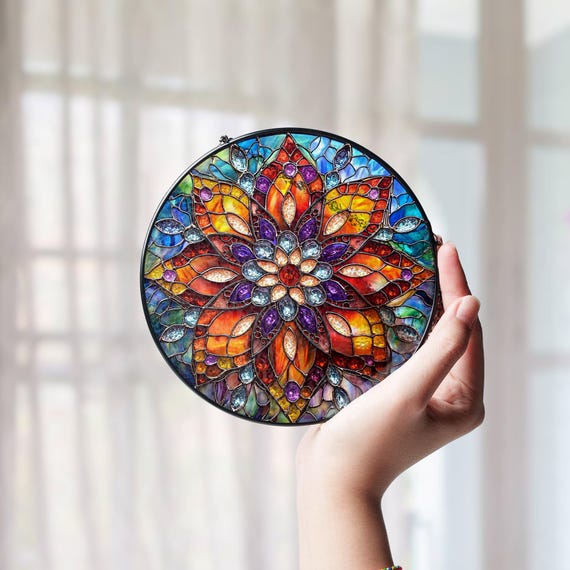 マンダラステンドグラスサンキャッチャー：丸窓飾り - Etsy 日本