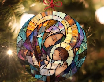 聖母マリアとイエスの聖像：ステンドグラス風クリスマスオーナメント