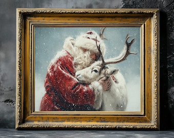 ヴィンテージのサンタクロースとトナカイの油絵プリント