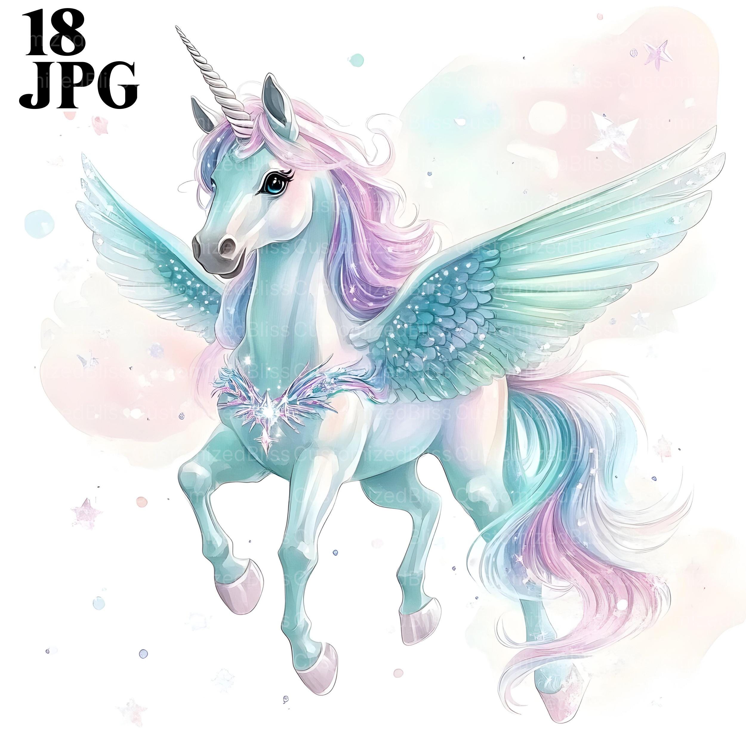 18枚の水彩ユニコーンクリップアート、レインボーペガサスユニコーン