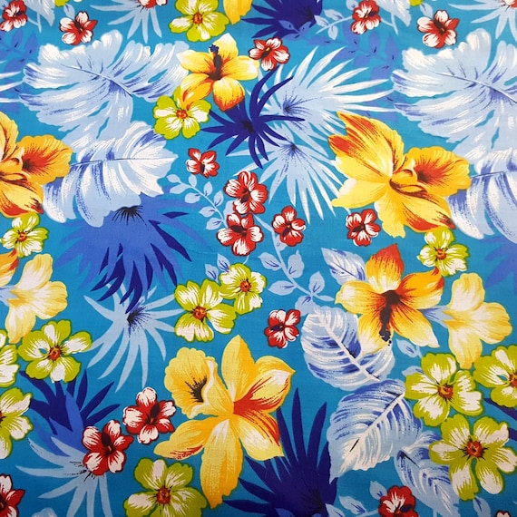 Turquoise Hawaiian Floral Fabric, Plumeria Hibiscus Print, 58