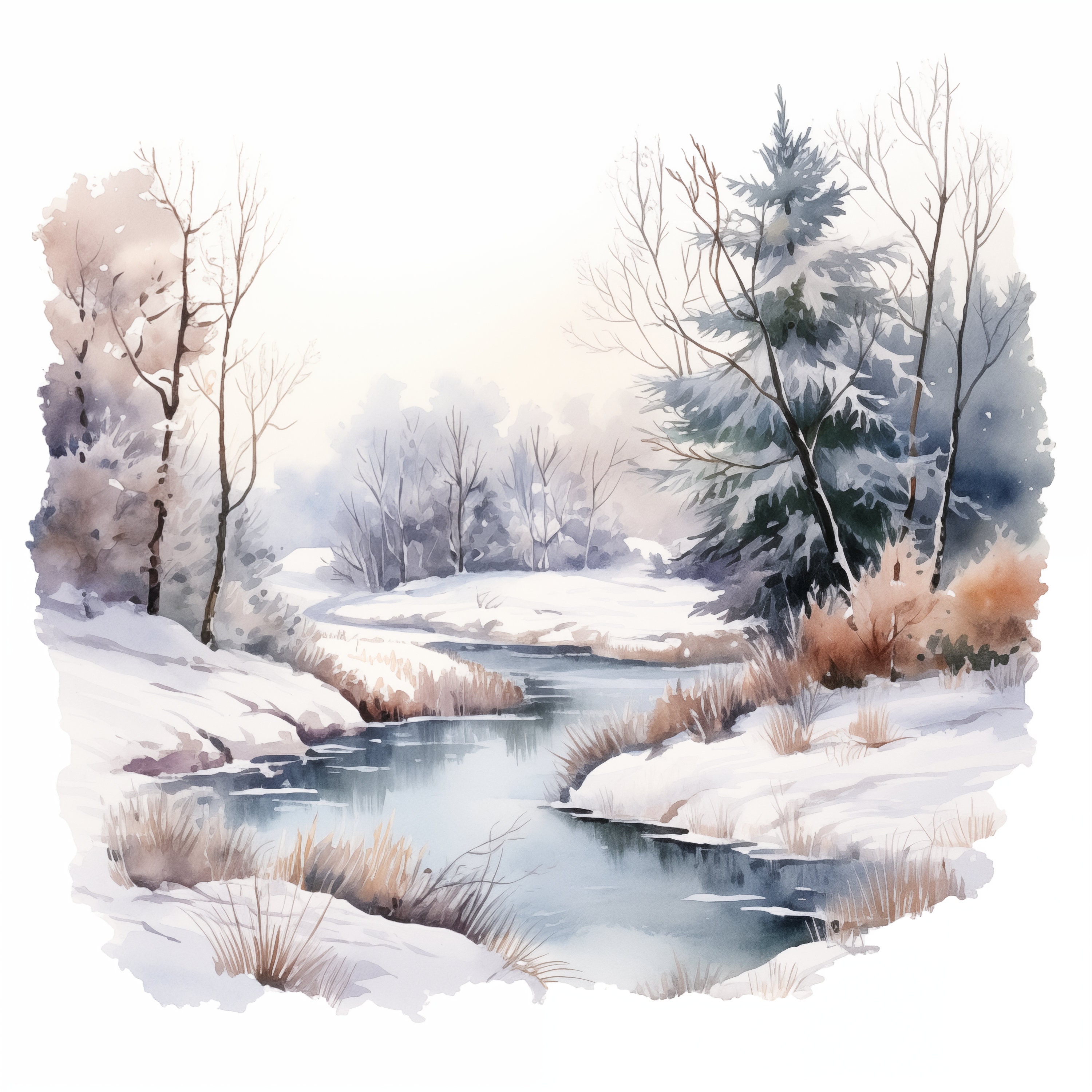 水彩画の冬の風景クリップアート：JPG画像10枚（商用利用可） - Etsy 日本
