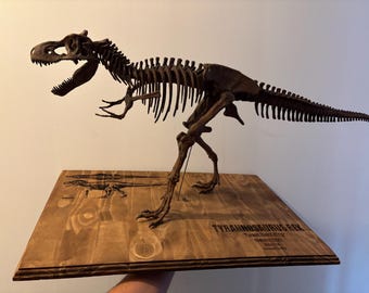 95cmのティラノサウルス・レックス恐竜の骨格とレーザー彫刻された木製