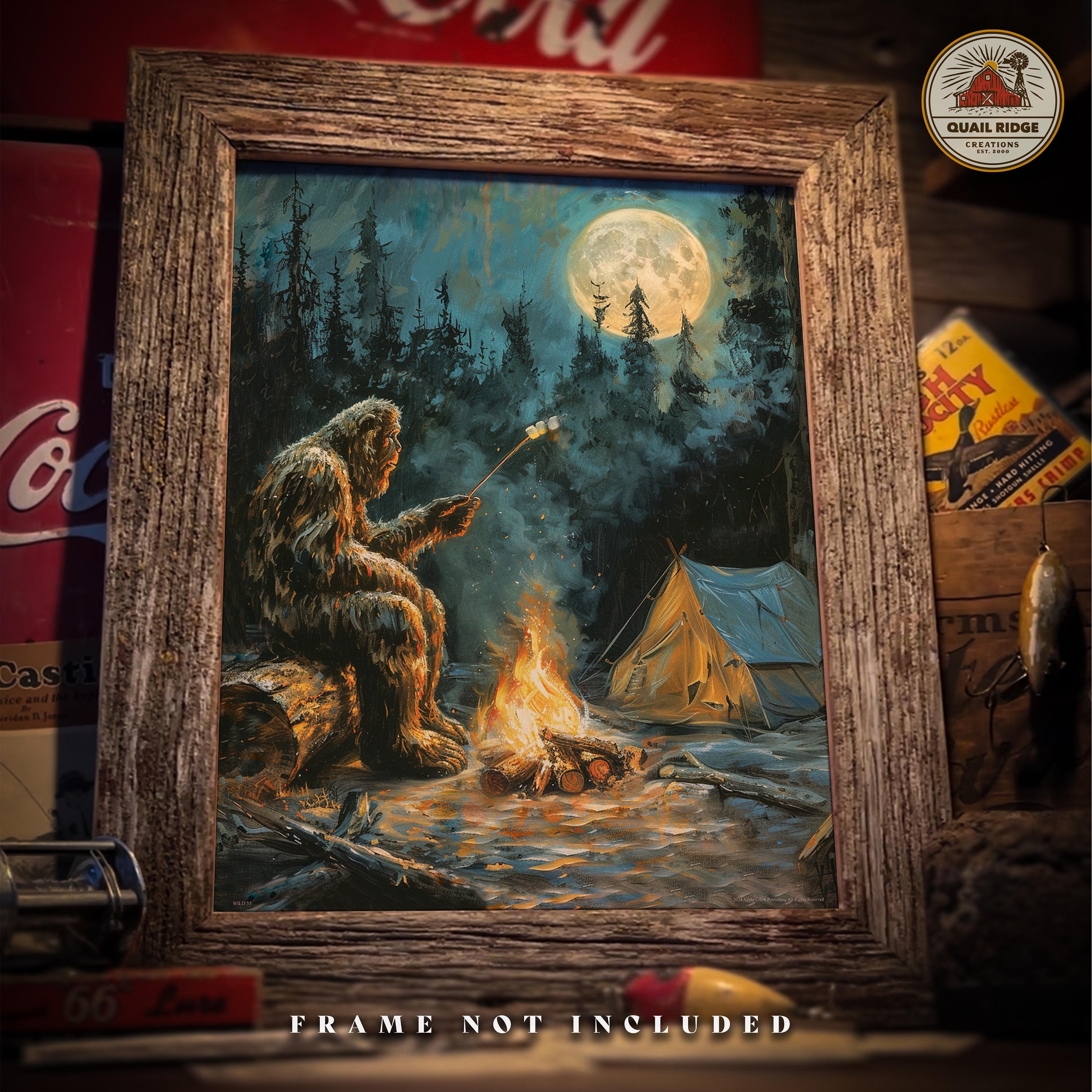 Sasquatch Camping Art Print: Midnight Visitor, Cabin Wall Decor