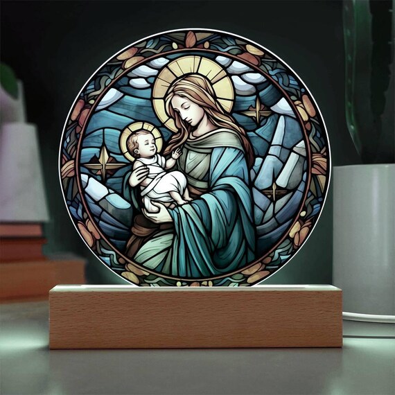 正教会のカトリックのステンドグラスの飾り、聖母マリアと幼子イエスの