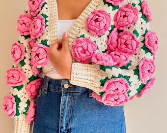 Tubilayka Pink Roses Cardigan,thick Short Cardigan for Women