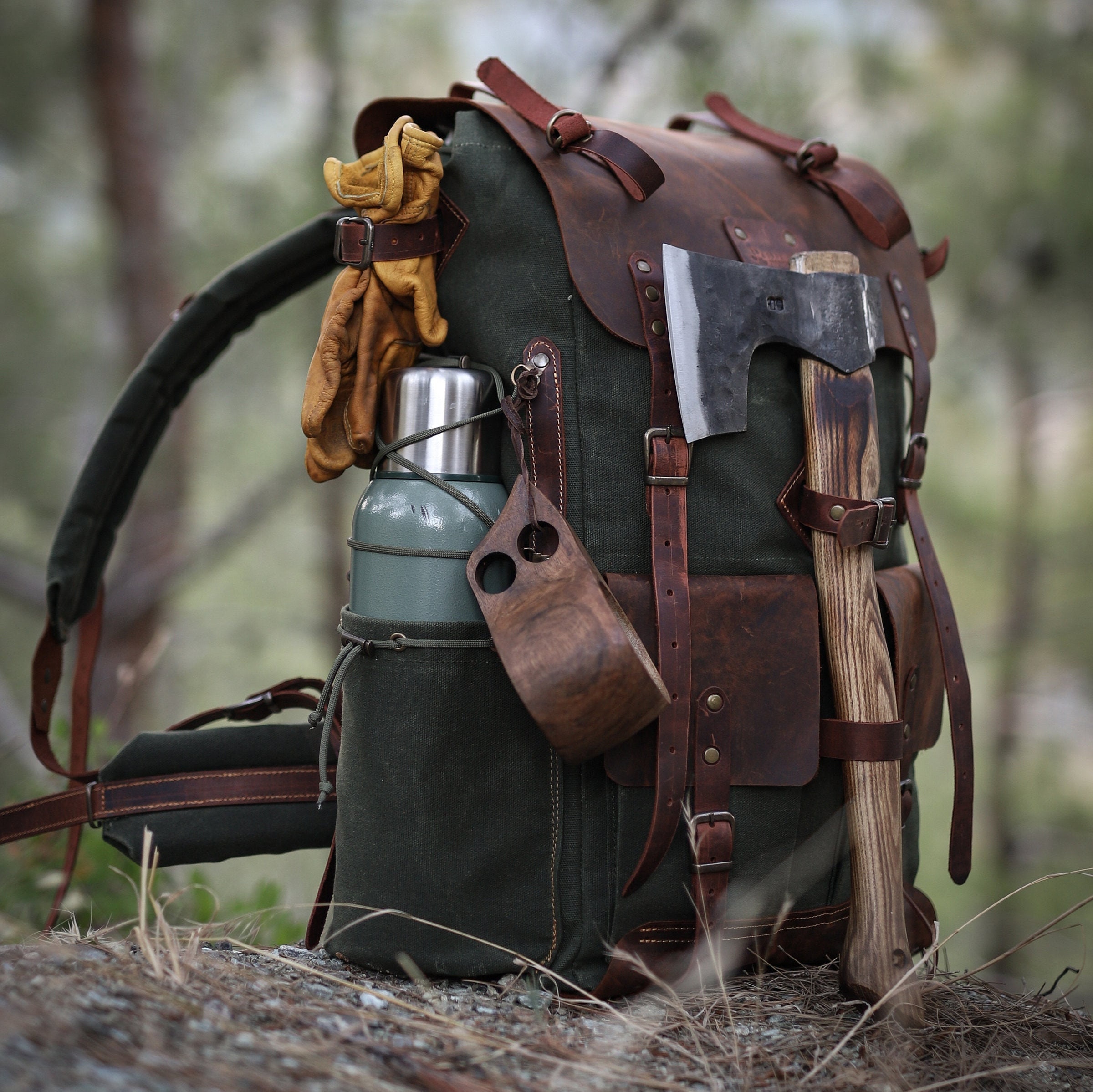 Black-brown-green | Bushcraft Handmade Waxed Canvas Backpack | 50
