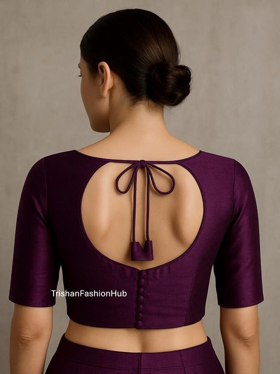 Wine Dupion Raw Silk Blouse | Back Button Saree Blouse | Deep Neck