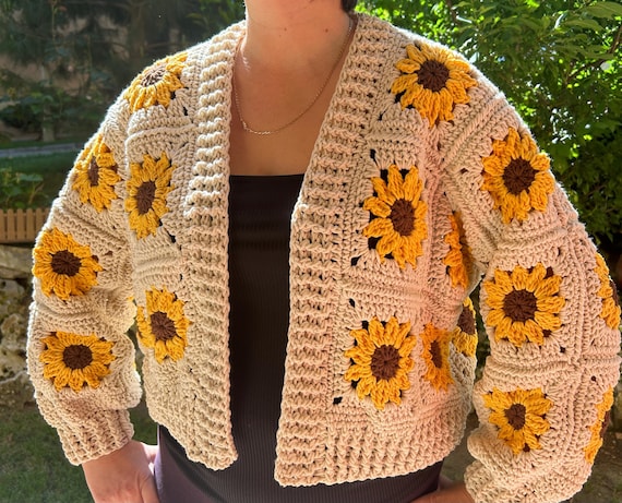 Handmade Crochet Sunflower Cardigan - Boho Floral Sweater, Eco