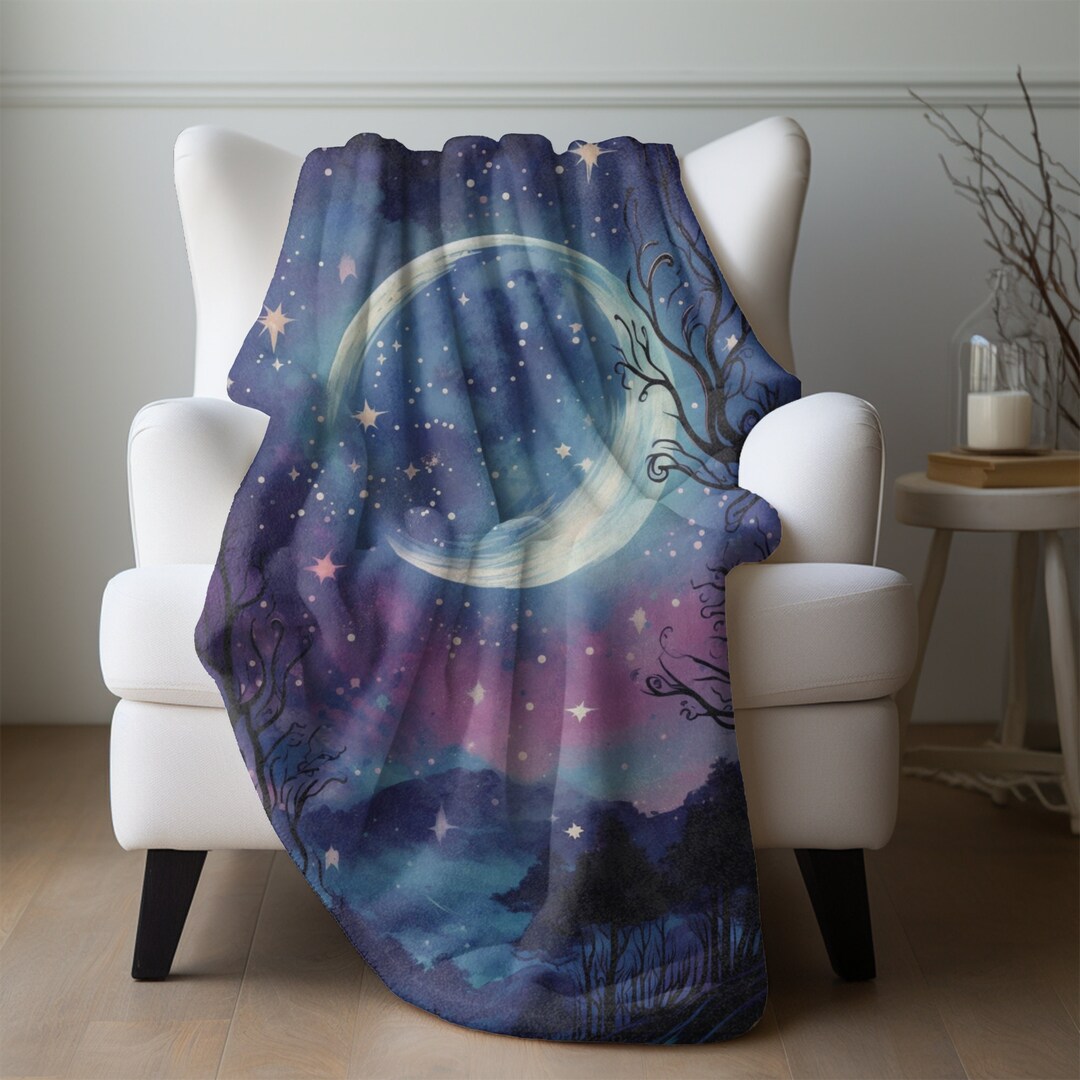 Moon & Stars Blanket, Starry Night Sky Fleece, Mystical Landscape