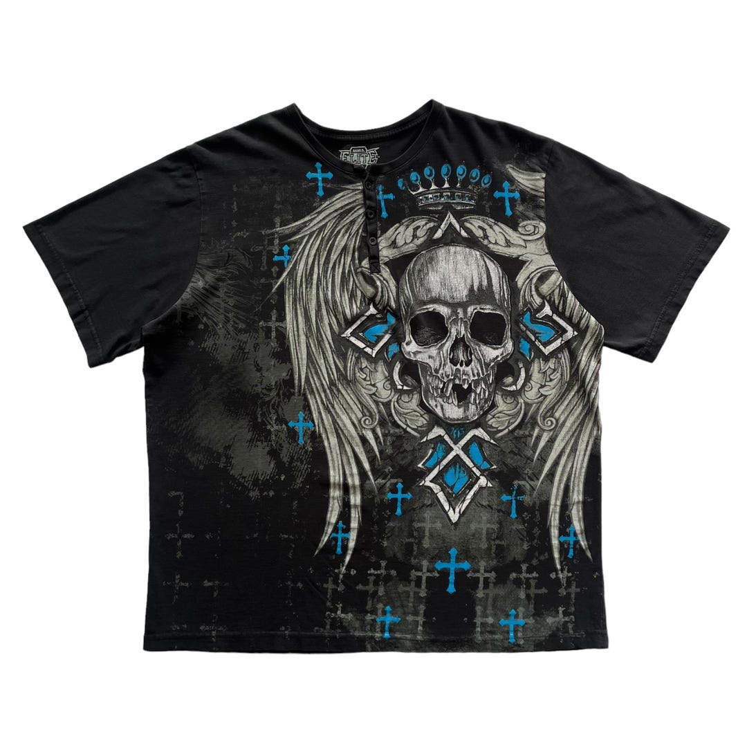 MMA Elite Skull Cross Wing Button Grunge Cyber Y2K Style T-shirt