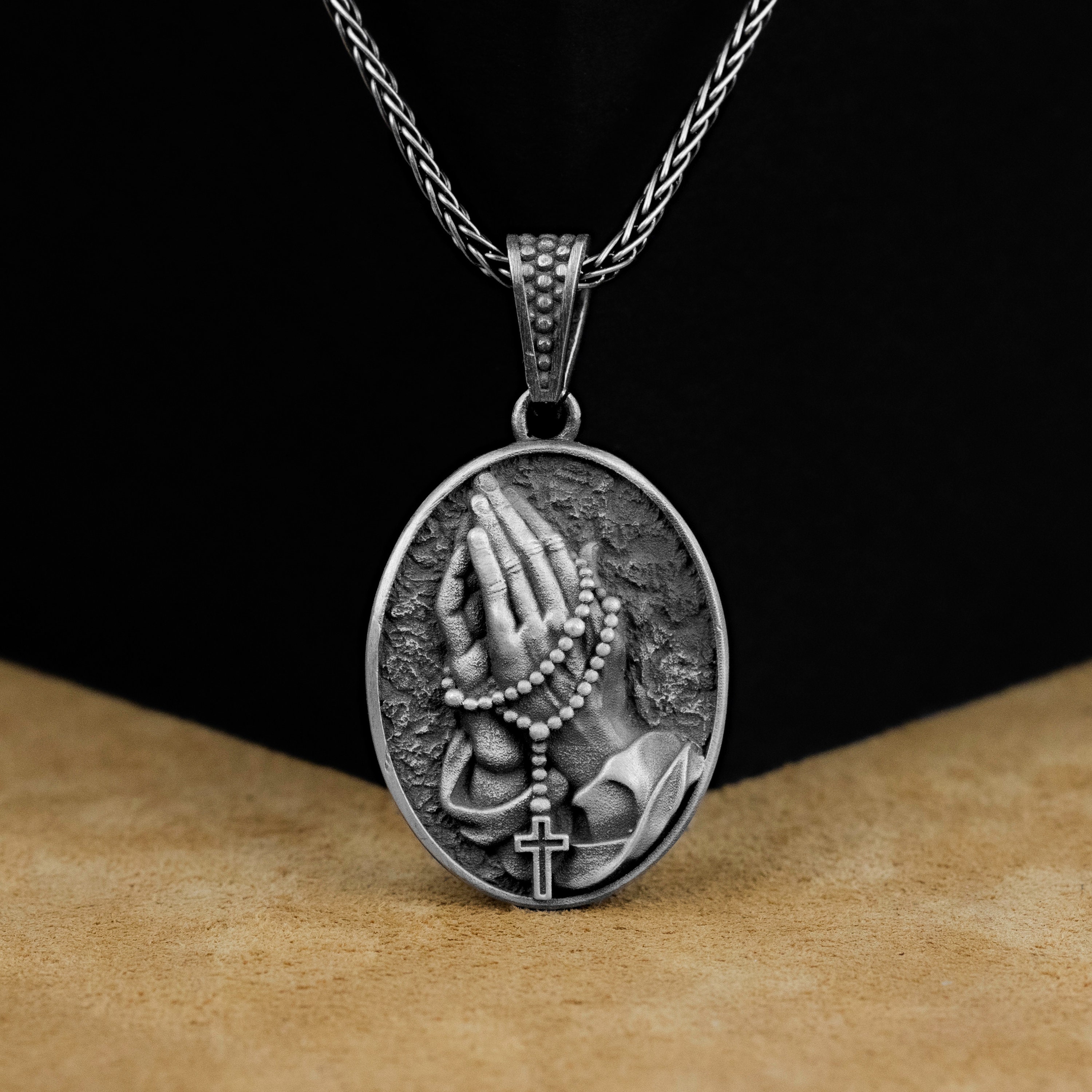 Praying Hands Pendnat, Praying Hands With Rosary Silver Men