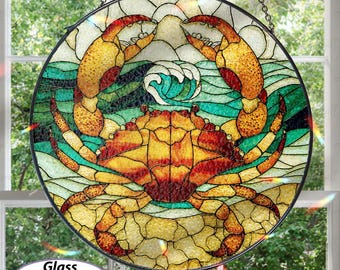 手作りステンドグラスのカニのサンキャッチャー：海辺のインテリア