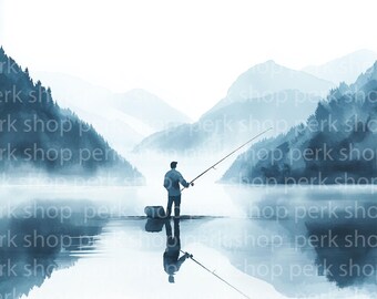 釣り人の水彩画クリップアート：ボートの風景画（デジタルダウンロード