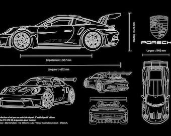 キャンバスプリント - ポルシェ 911 GT3 RS - 詳細な技術図面 ネイビー
