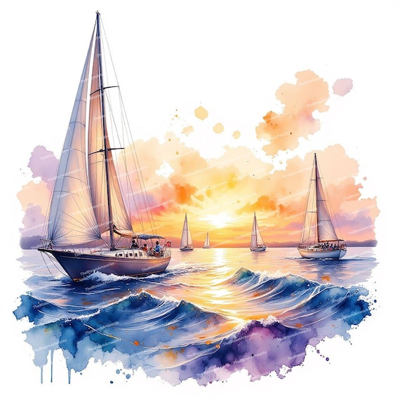 14枚の水彩ヨットのクリップアート、夕焼けのヨットのイラスト、航海