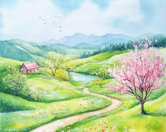 10 印刷可能な春の風景画、水彩風景画、川岸アート、水彩クリップ