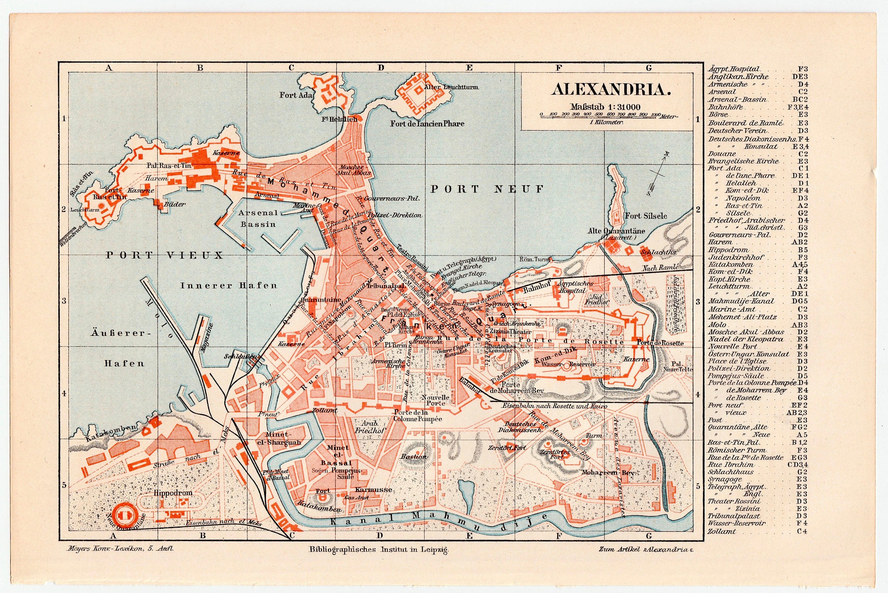 1894 年頃のアレクサンドリア地図 - オリジナルのアンティーク