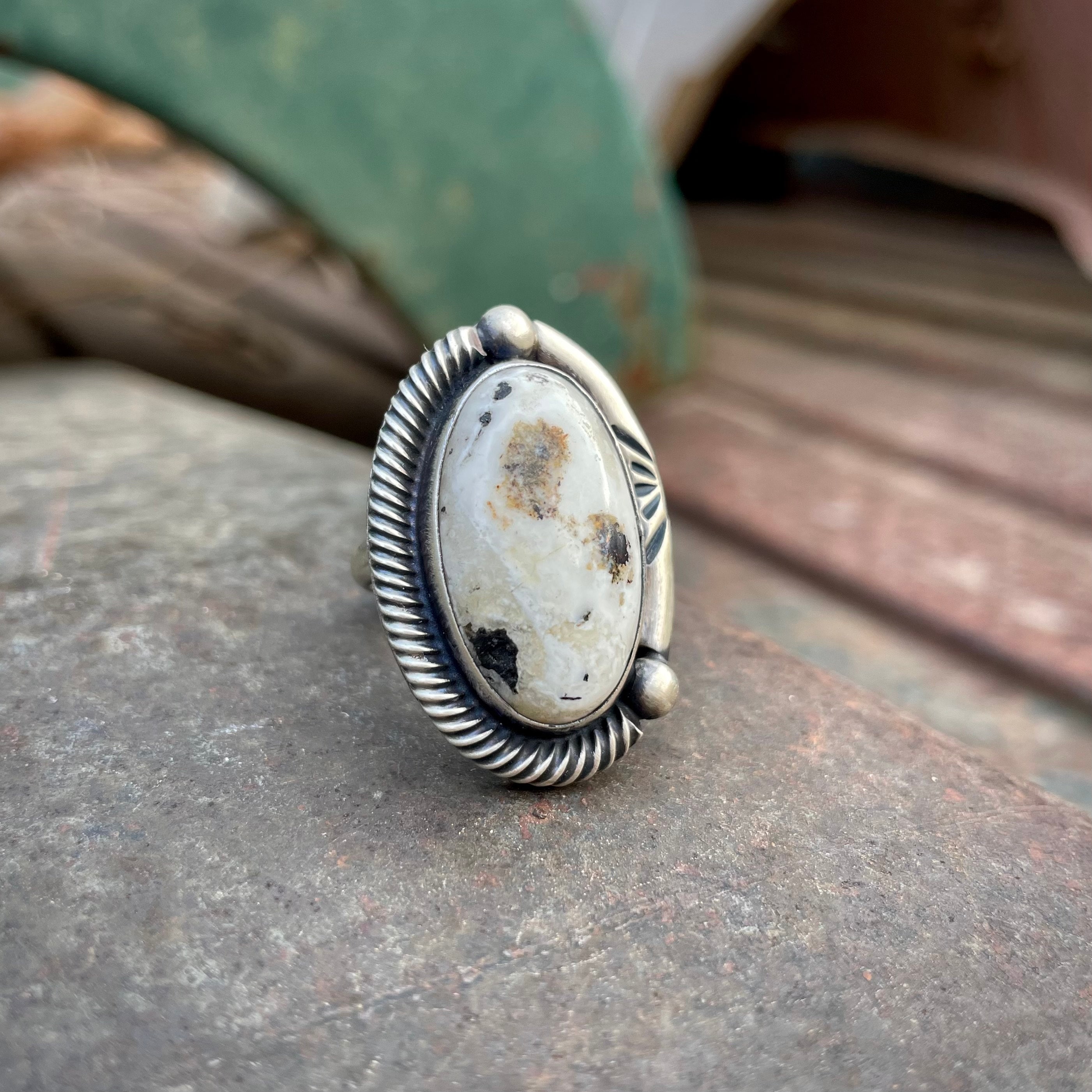 Signed Navajo Oval White Buffalo Stone Ring Size 8, Native